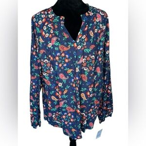 Croft & Barrow Women's Sz: Large Raglan Cotton Popover Blouse Navy Paisley NWT